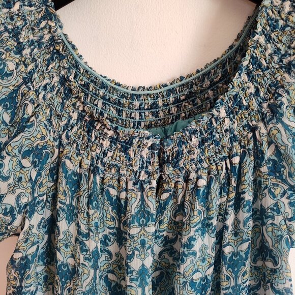Ladies SZ 2 Inc Aqua Print Silk Peasant Top - Picture 2 of 5